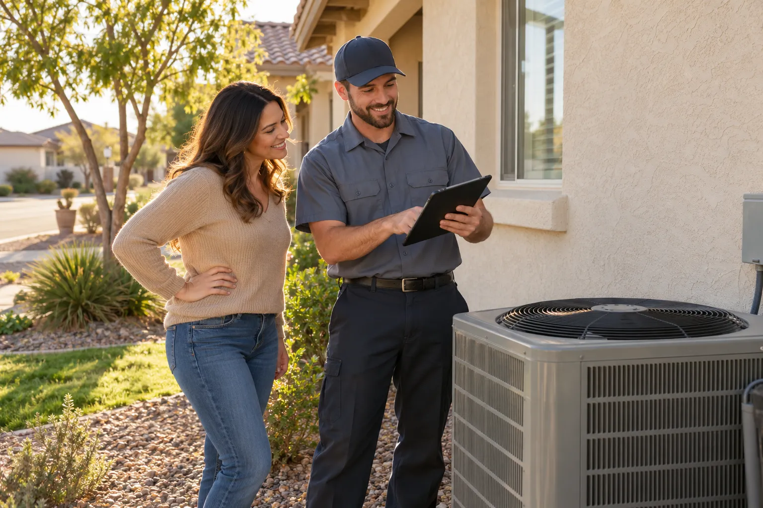 A friendly homeowner in Antioch talking with an HVAC provider beside an outdoor air conditioning unit