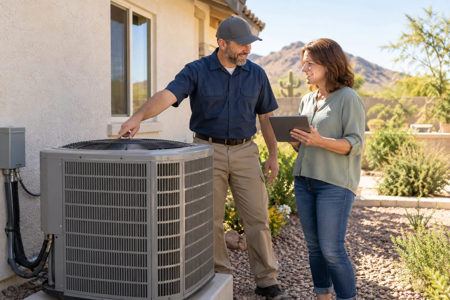 A homeowner in Antioch reviewing an HVAC estimate beside an outdoor air conditioner